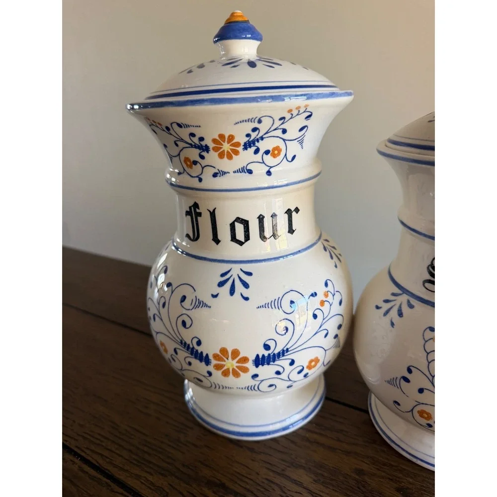 Blue Onion Style Canister Set White Blue Floral Hand Painted Flour Sugar Lids